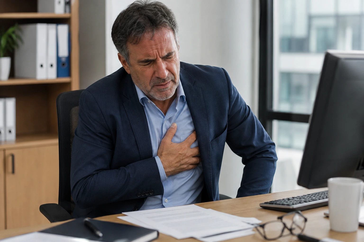 Patient décrivant une gêne thoracique pendant une consultation cardiologique à Dubaï