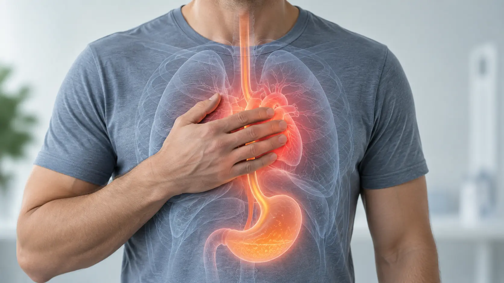 Man experiencing chest discomfort with anatomical visualization of the heart, esophagus and stomach.