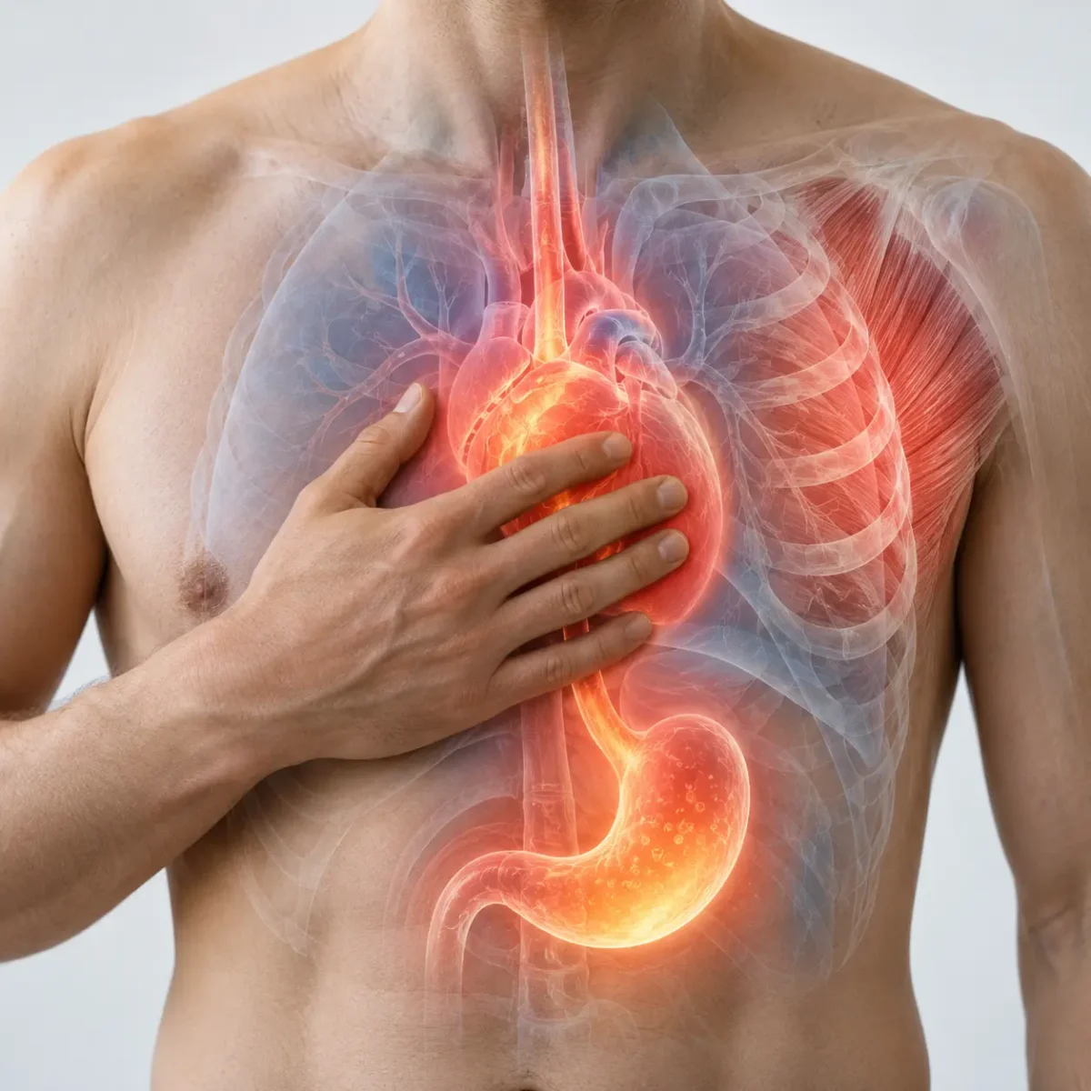 दिल, भोजन नली और पेट का medical illustration, जो दिखाता है कि heart disease और gastro-oesophageal reflux दोनों सीने में मिलते-जुलते symptoms पैदा कर सकते हैं
