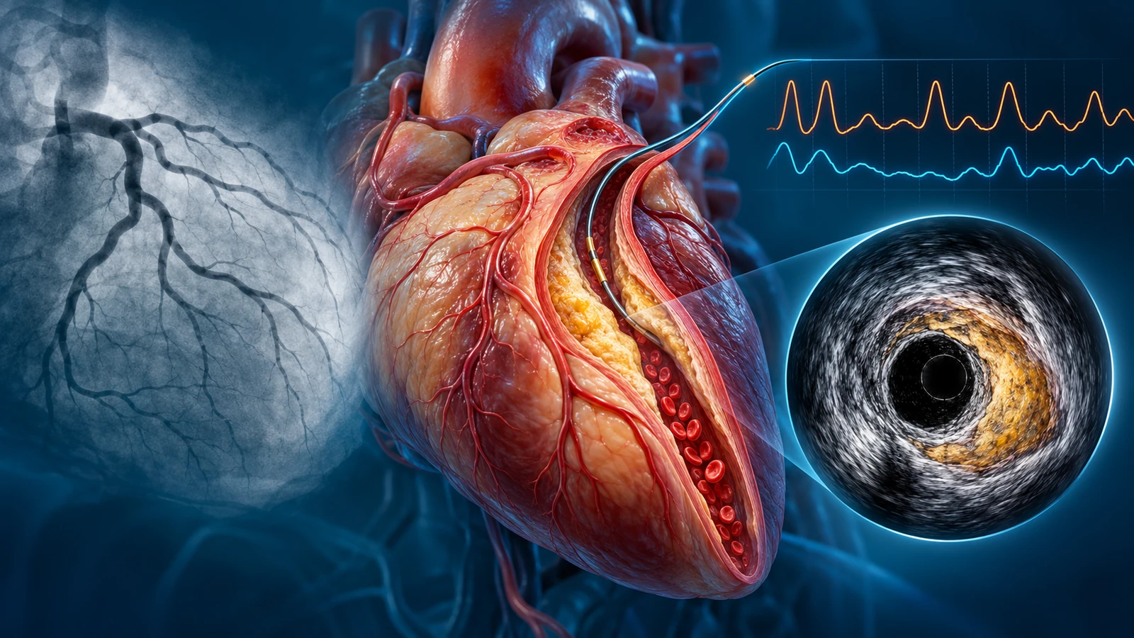 Illustration of a narrowed coronary artery beside an angiogram, pressure-wire tracings and an IVUS cross-sectional view.