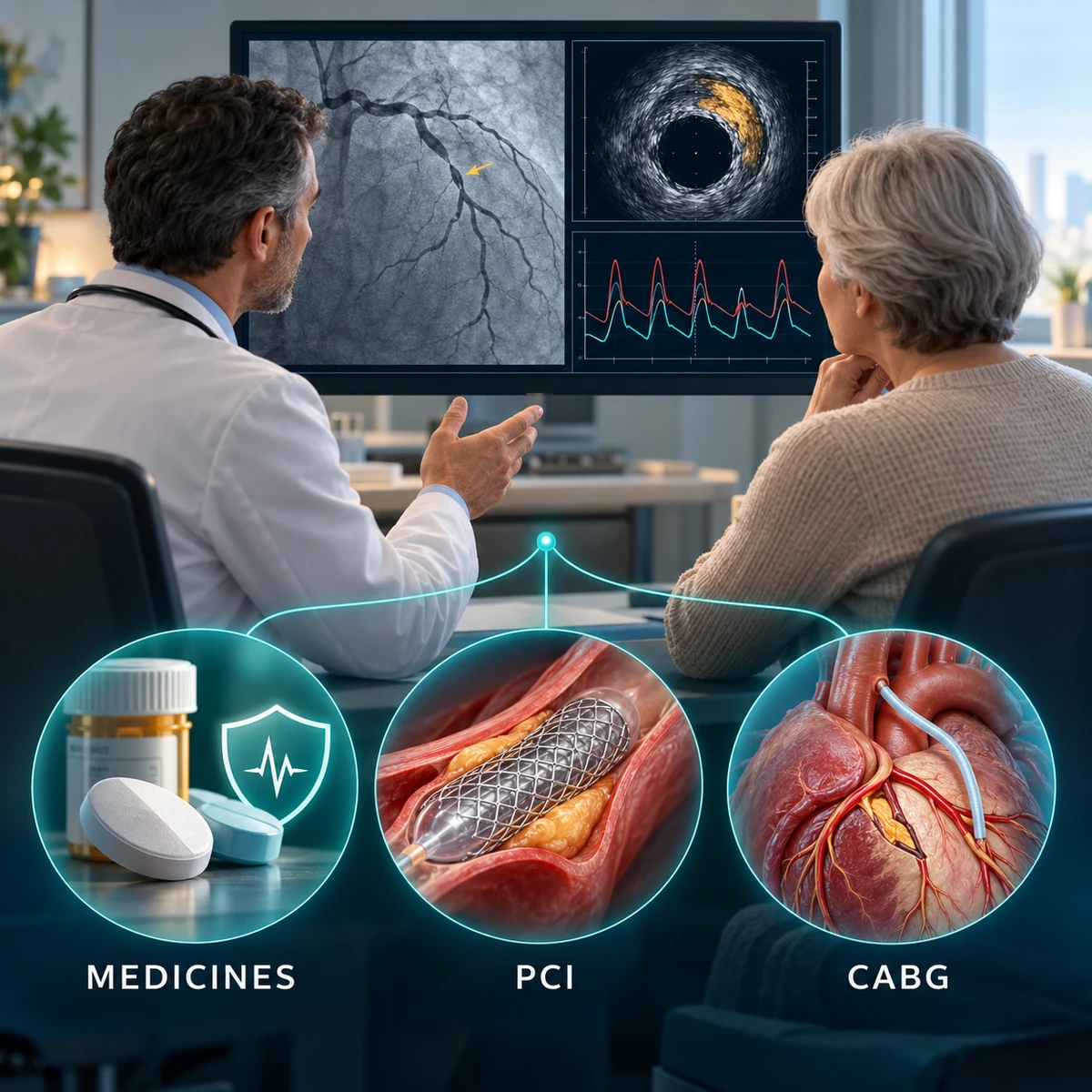 Cardiologist and patient review coronary test images with medicines, PCI stenting and CABG bypass surgery shown as possible treatments.