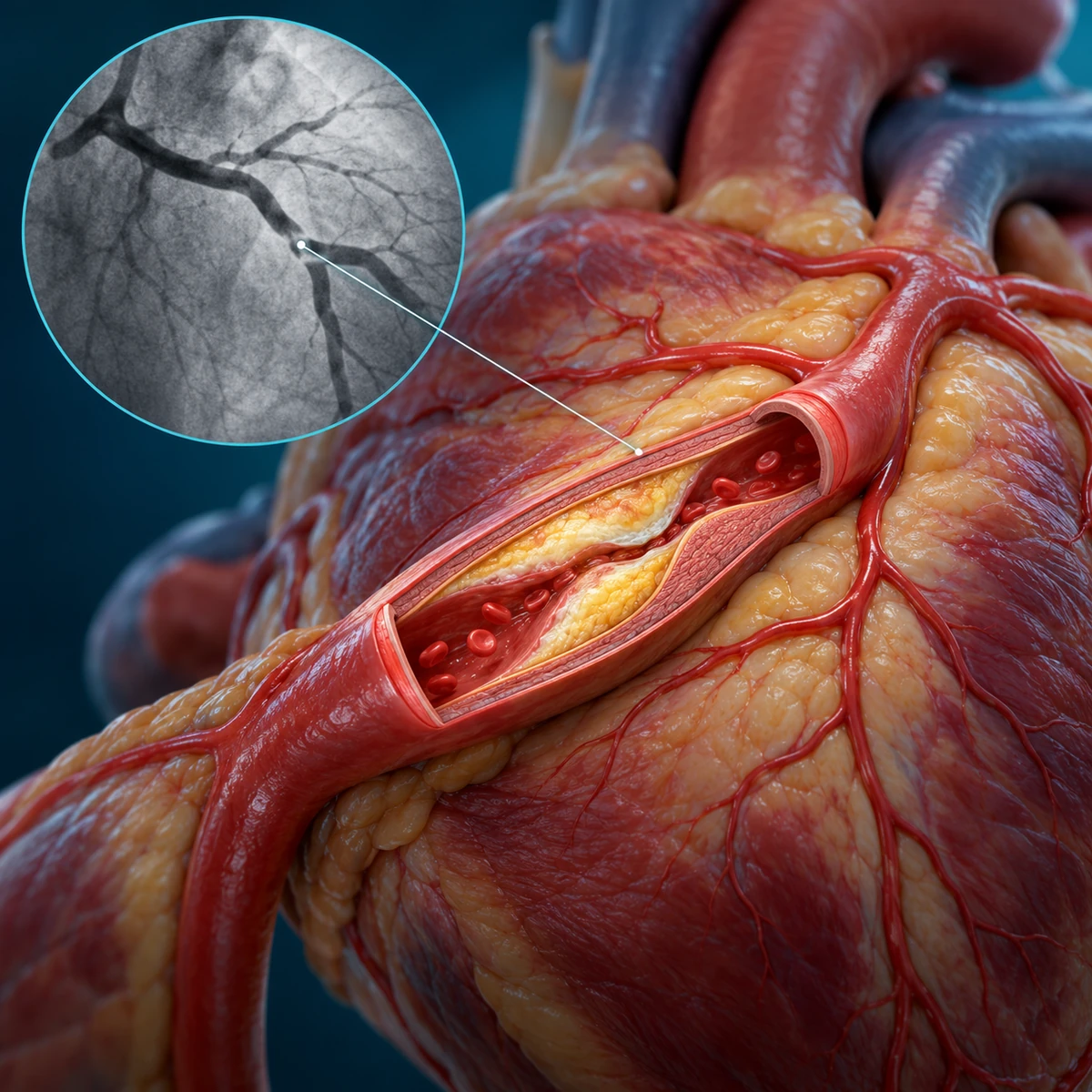 An angiogram inset points to a cutaway coronary artery with atherosclerotic plaque narrowing, but not fully blocking, the lumen.