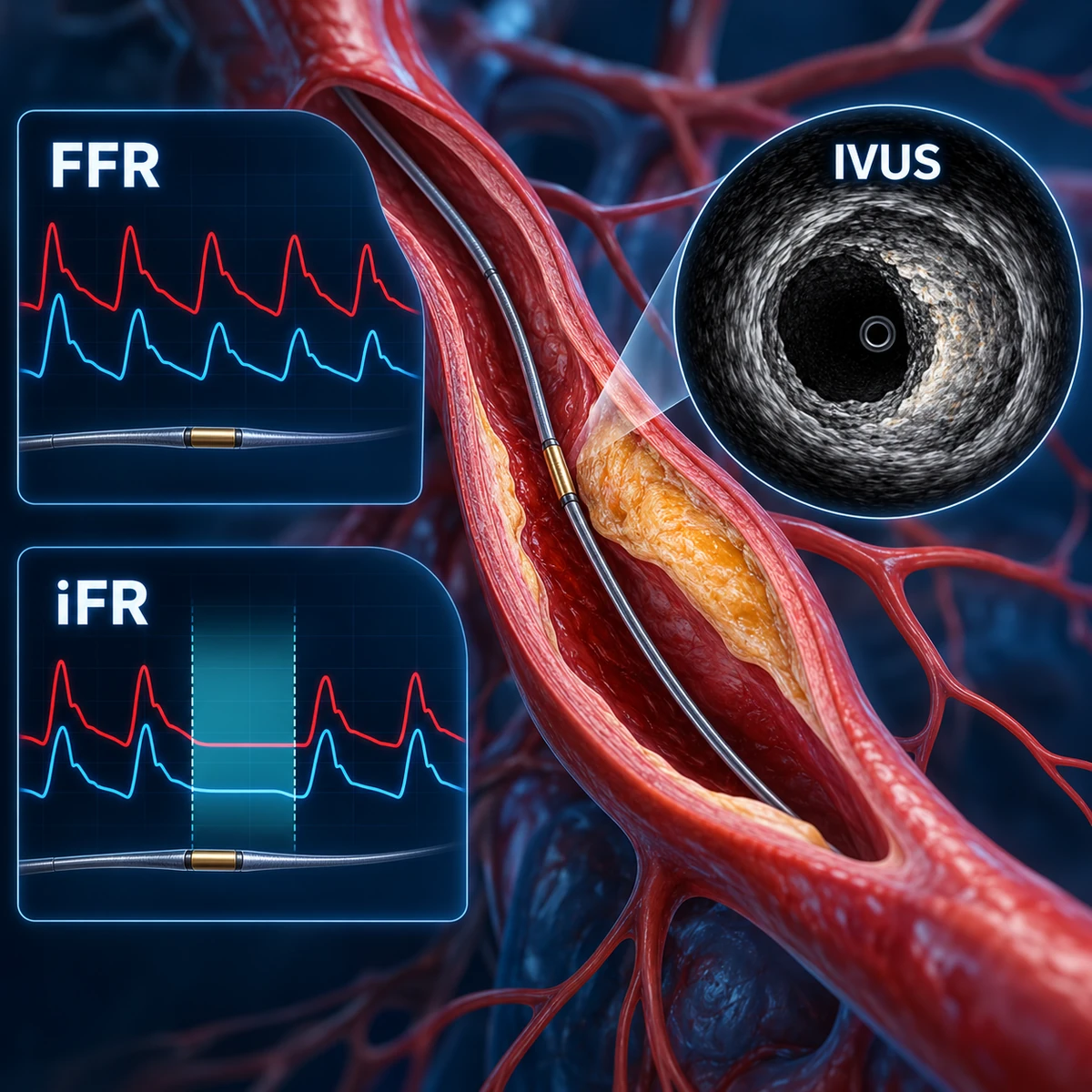 Schematic comparison of FFR and iFR pressure-wire traces with an IVUS ultrasound cross-section showing plaque in a coronary artery.